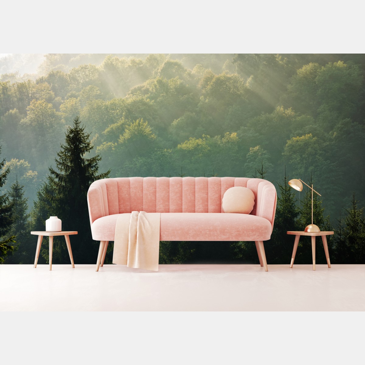 Wall mural misty Carpathian spruce forest at sunrise