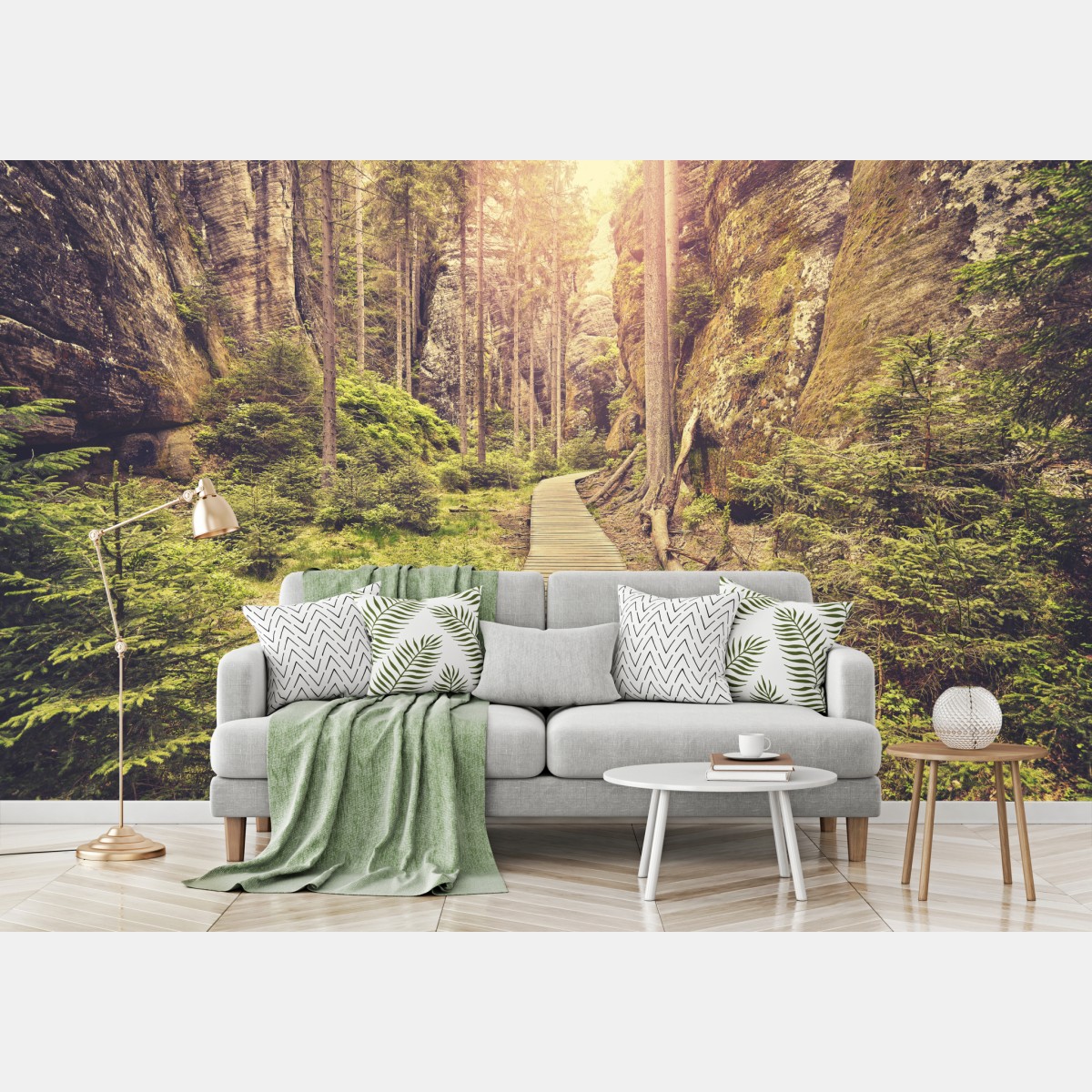 Wall mural sunlit wooden path in Adrspach Teplice