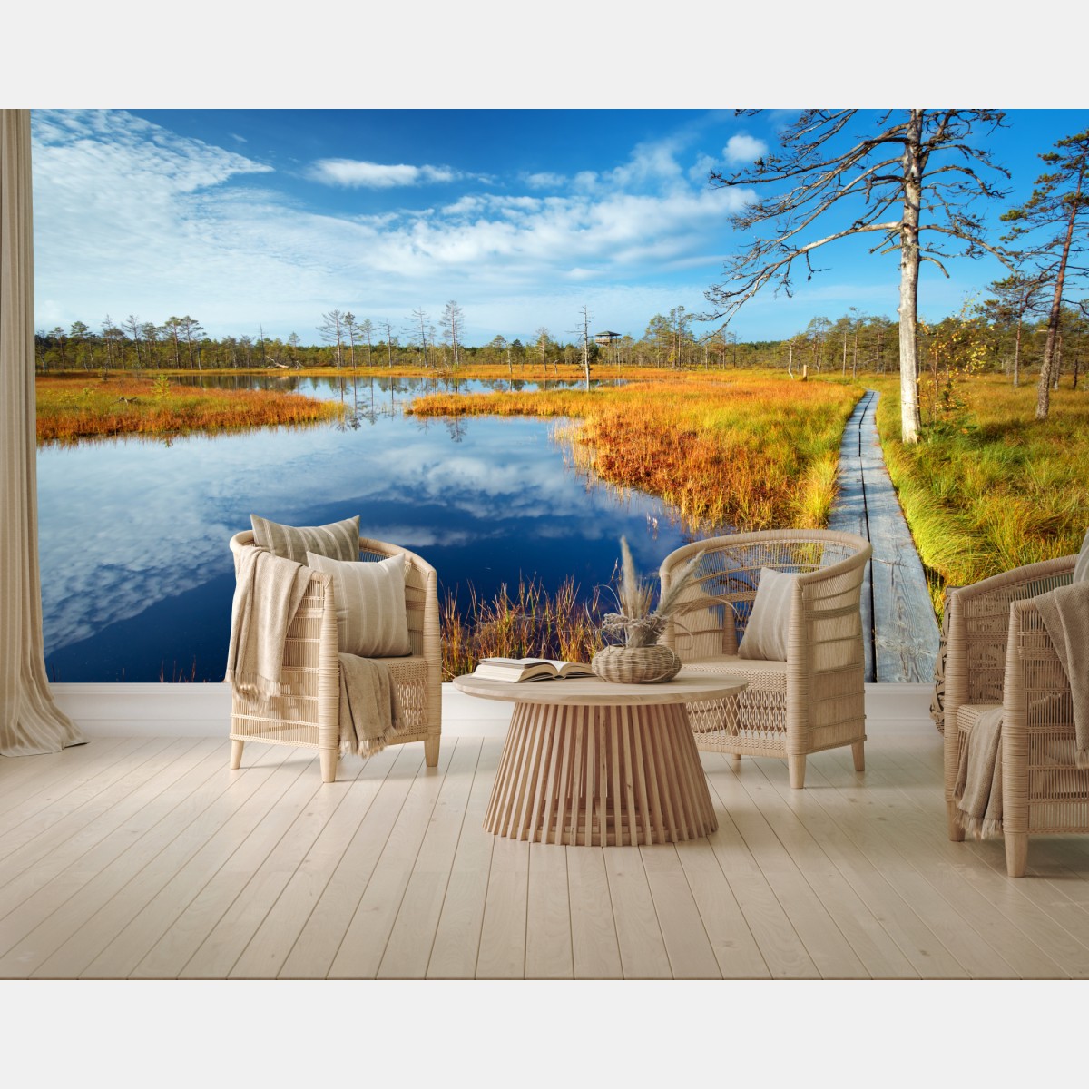 Wall mural autumn boardwalk over a tranquil bog