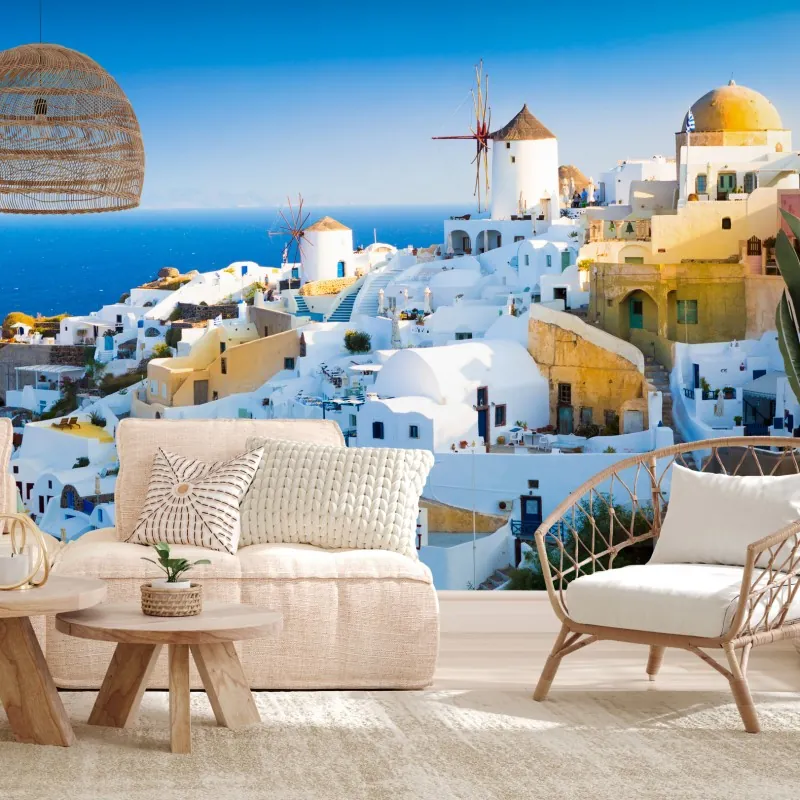 Fototapeta nasłonecznione miasteczko Santorini nad morzem – Wallissimo® Fototapeta nasłonecznione miasteczko Santorini nad morzem – Wallissimo®