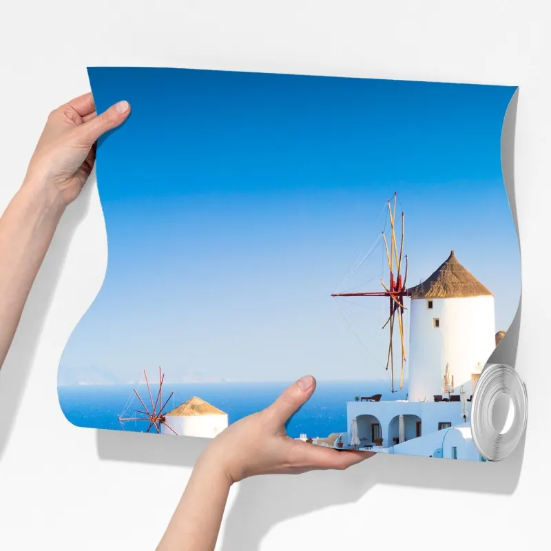 Fototapeta nasłonecznione miasteczko Santorini nad morzem – Wallissimo® Fototapeta nasłonecznione miasteczko Santorini nad morzem – Wallissimo®