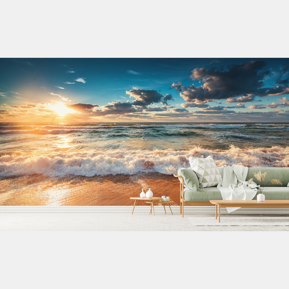 Wall mural golden sunrise over the ocean shore