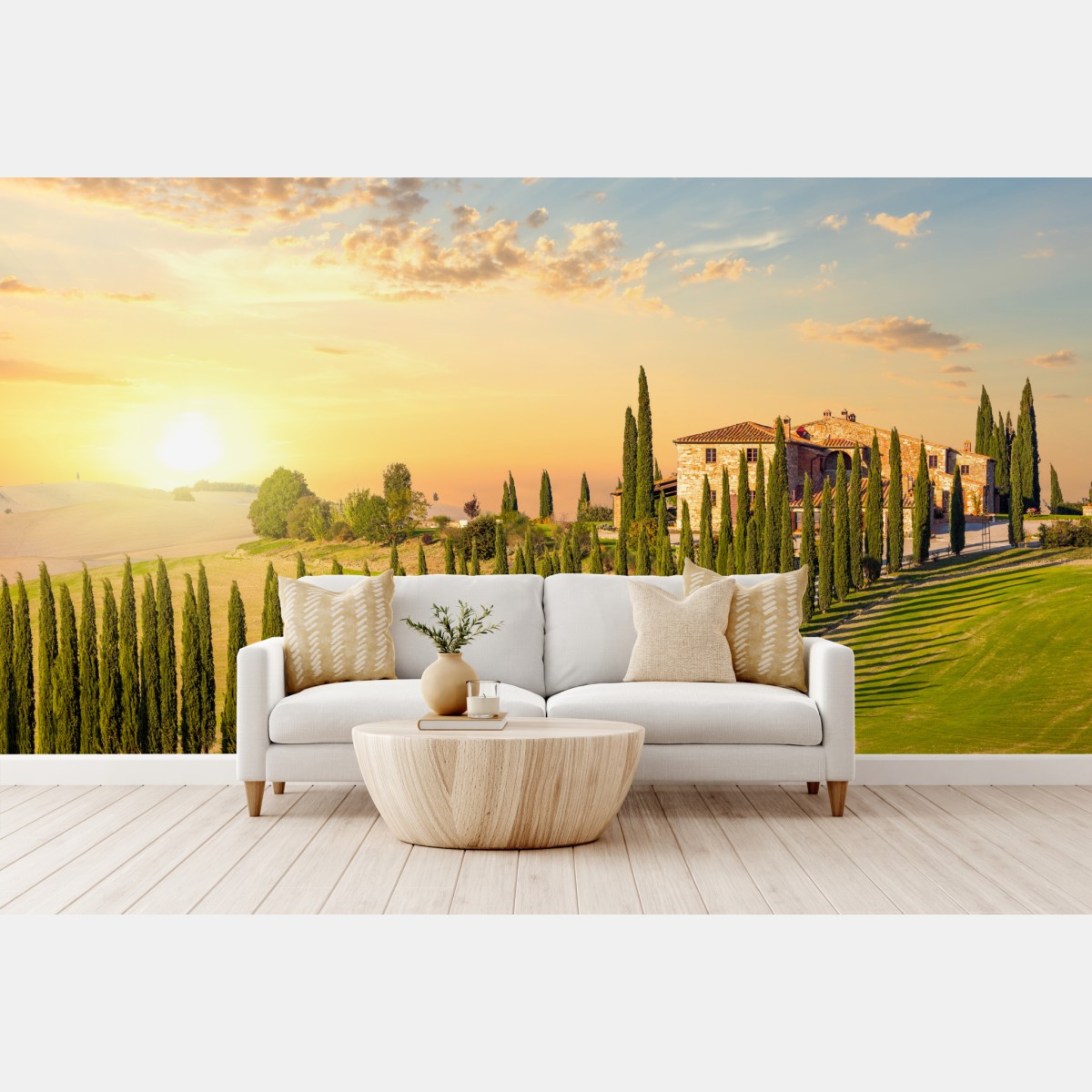 Wall mural Tuscany sunset cypress avenue
