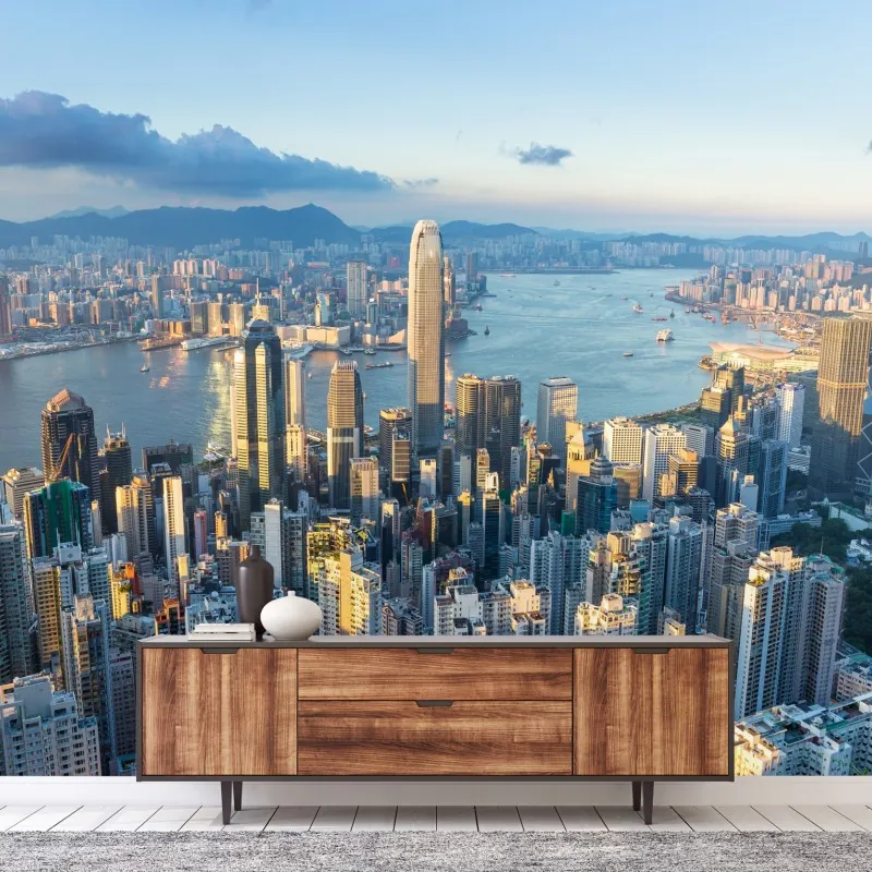 Fototapeta panorama Hongkongu o zachodzie słońca – Wallissimo® Fototapeta panorama Hongkongu o zachodzie słońca – Wallissimo®