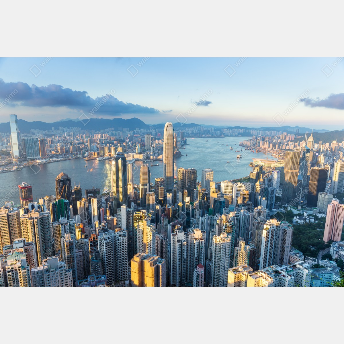 Fototapeta panorama Hongkongu o zachodzie słońca – Wallissimo® Fototapeta panorama Hongkongu o zachodzie słońca – Wallissimo®