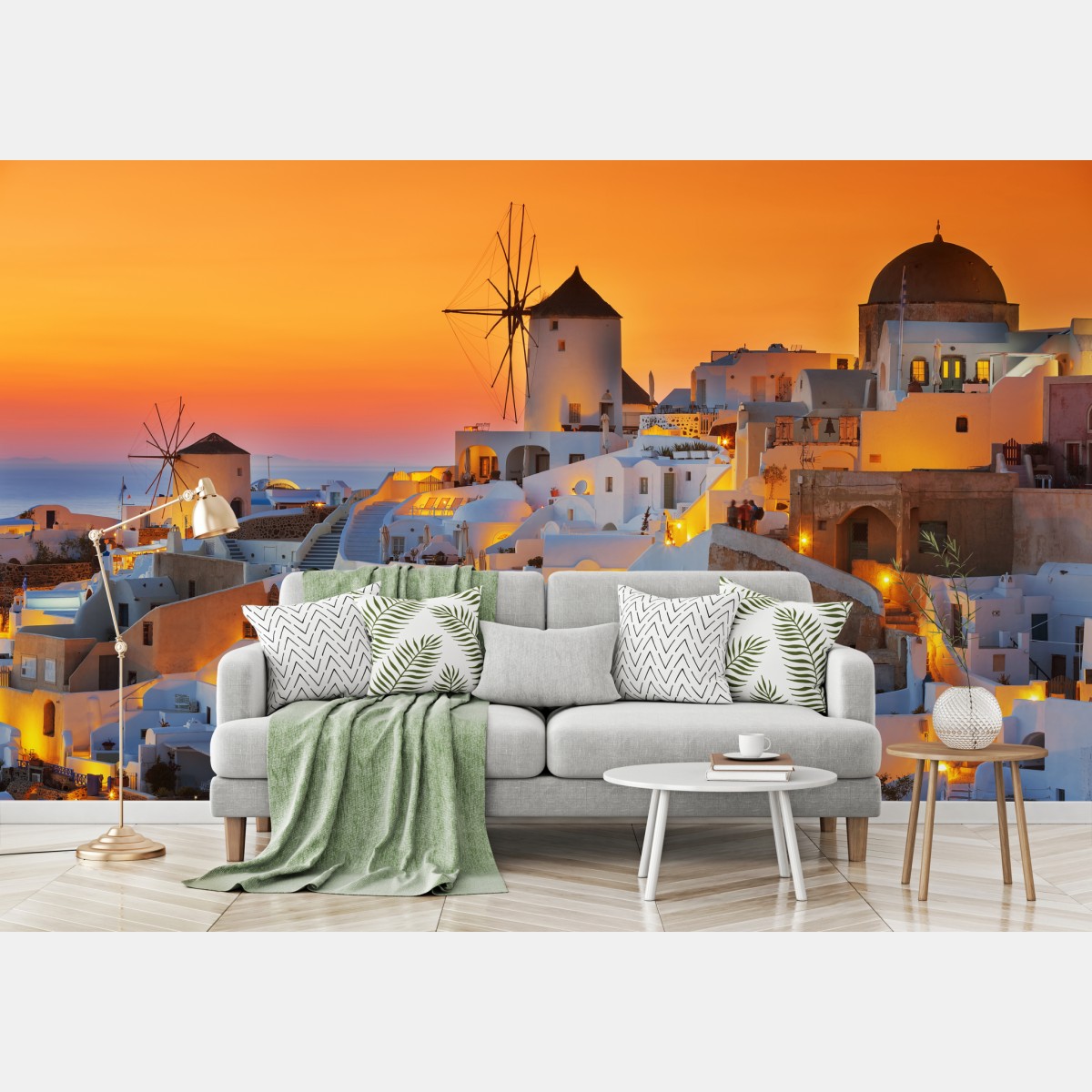 Wall mural golden sunset over Oia, Santorini