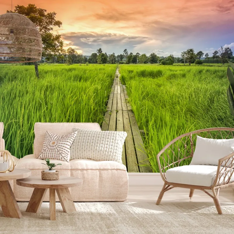 Fototapeta zachód słońca nad drewnianym mostem w Khonburi