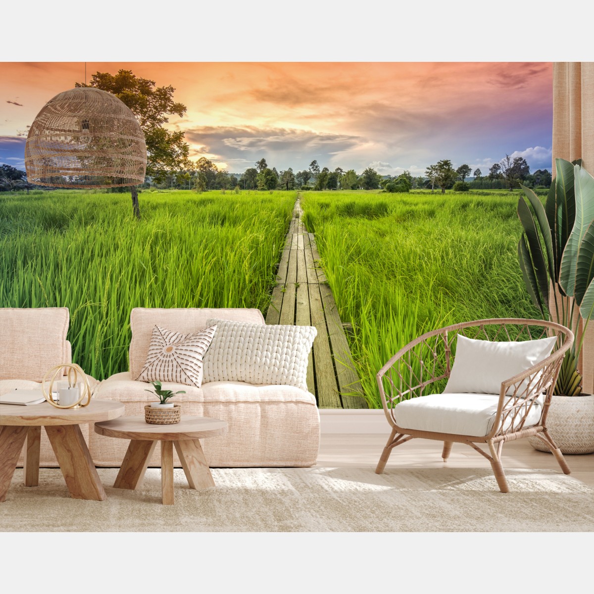 Wall mural sunset over a wooden bridge in Khonburi