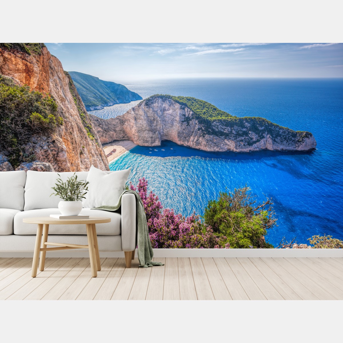 Wall mural Navagio beach sunset with turquoise sea and wildflowers