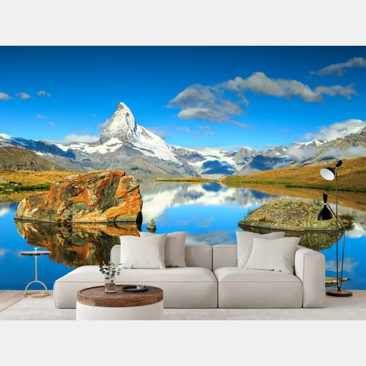 Fototapeta odbicie Matterhornu nad alpejskim jeziorem – Wallissimo® Fototapeta odbicie Matterhornu nad alpejskim jeziorem – Wallissimo®