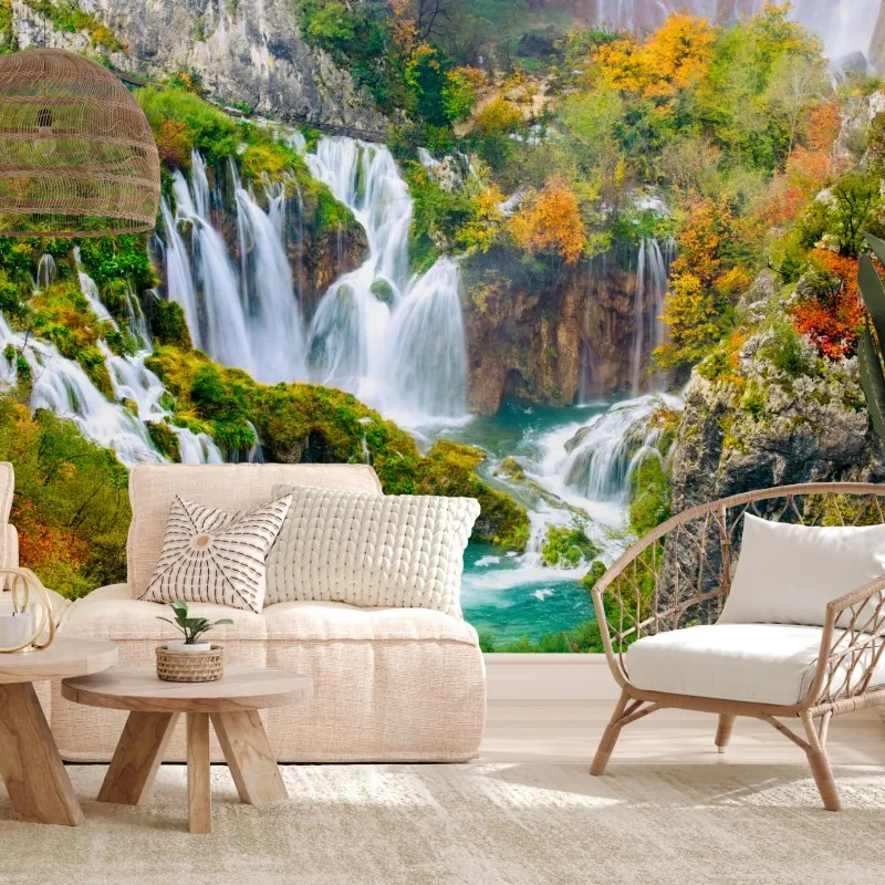 Fototapeta turkusowy wodospad jesienią – Wallissimo® Fototapeta turkusowy wodospad jesienią – Wallissimo®