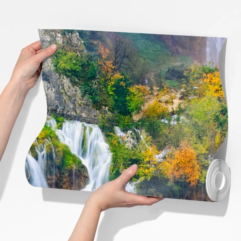 Fototapeta turkusowy wodospad jesienią – Wallissimo® Fototapeta turkusowy wodospad jesienią – Wallissimo®