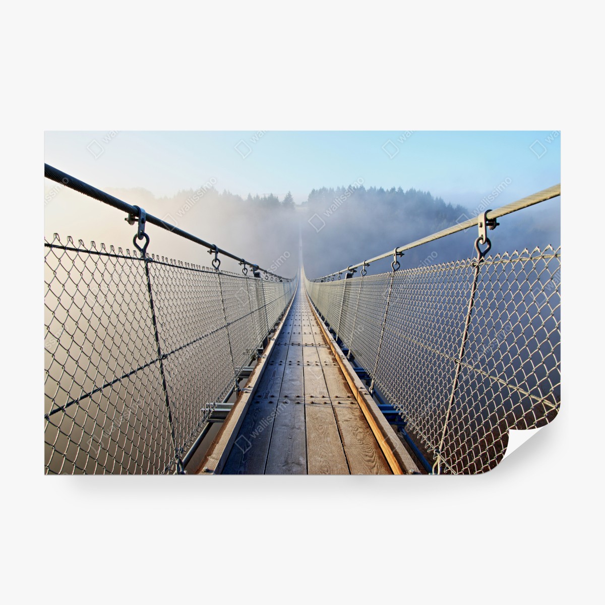 Fototapeta mglisty wiszący most prowadzący w las – Wallissimo® Fototapeta mglisty wiszący most prowadzący w las – Wallissimo®