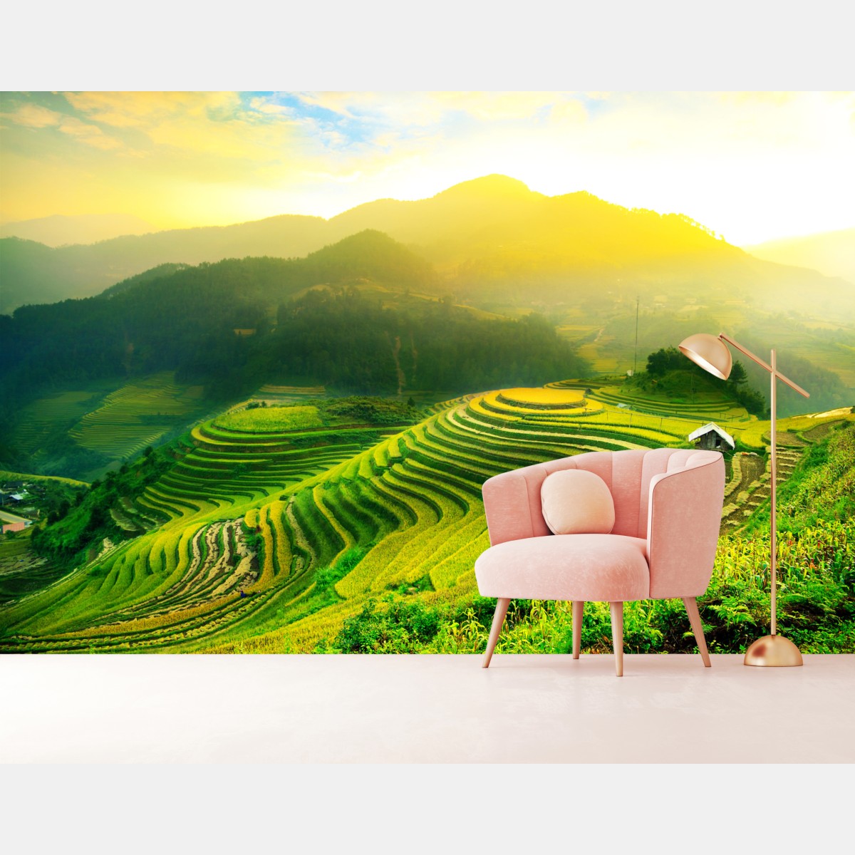 Wall mural golden terraced rice fields at sunrise
