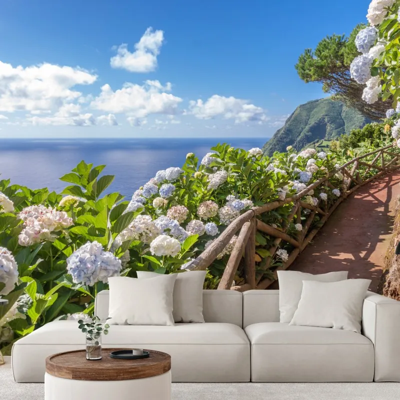 Fototapeta ścieżka nadmorska z hortensjami, São Miguel, Azory