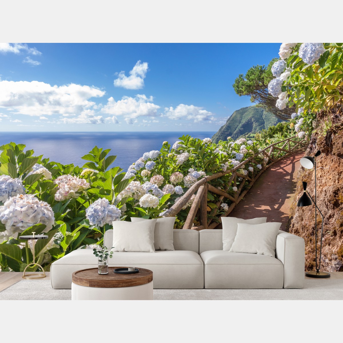 Wall mural coastal path with hydrangeas, São Miguel, Azores