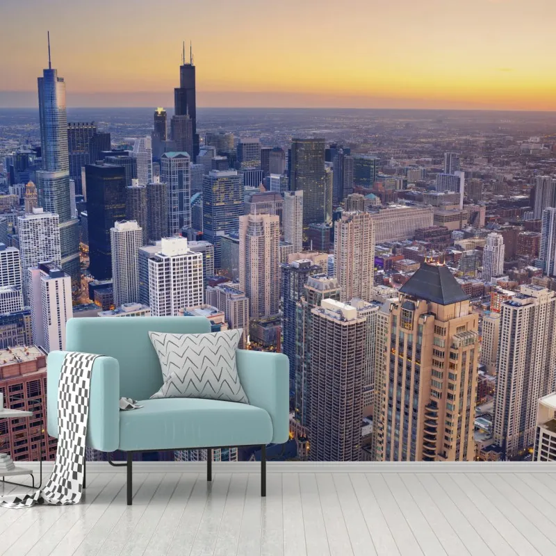 Fototapeta panorama miasta o zachodzie słońca – Wallissimo® Fototapeta panorama miasta o zachodzie słońca – Wallissimo®