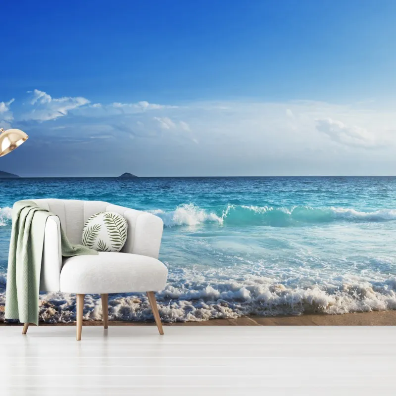 Fototapeta tropikalna plaża na Seszelach o zachodzie słońca – Wallissimo® Fototapeta tropikalna plaża na Seszelach o zachodzie słońca – Wallissimo®