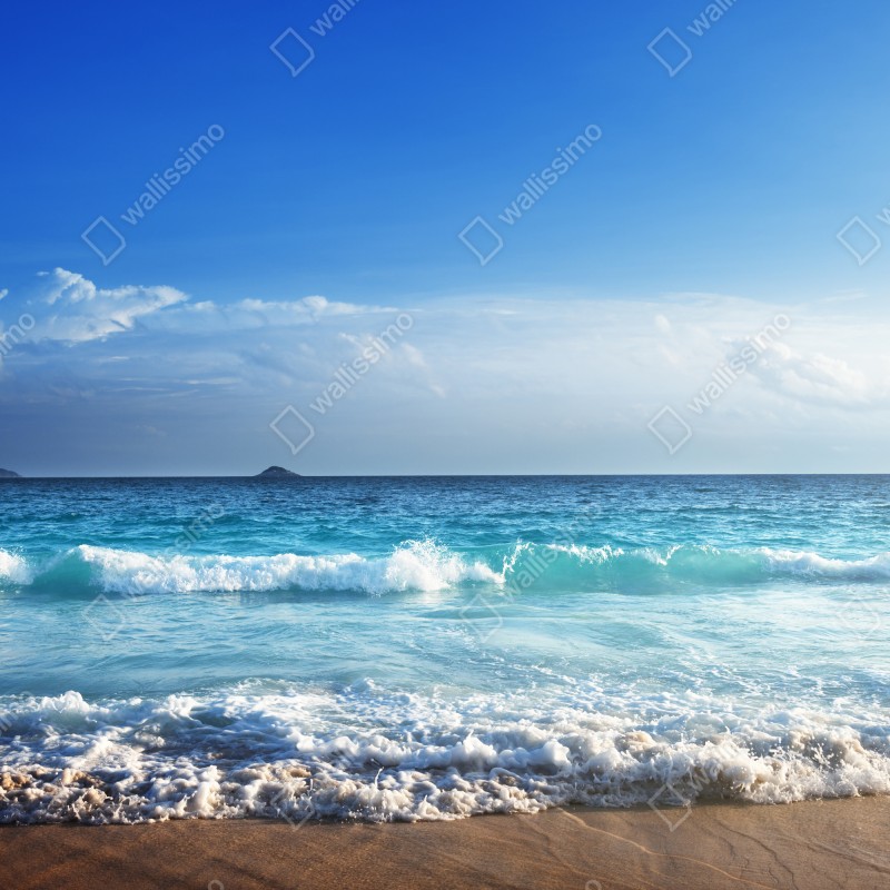 Fototapeta tropikalna plaża na Seszelach o zachodzie słońca – Wallissimo® Fototapeta tropikalna plaża na Seszelach o zachodzie słońca – Wallissimo®