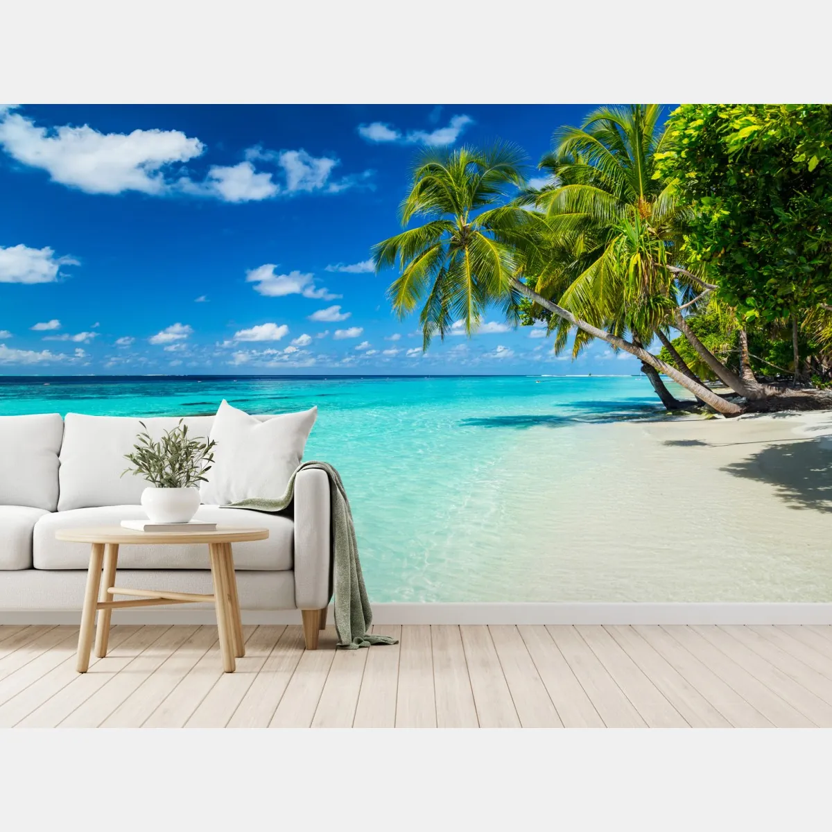 Fototapeta tropikalna turkusowa plaża z pochylonymi palmami – Wallissimo® Fototapeta tropikalna turkusowa plaża z pochylonymi palmami – Wallissimo®