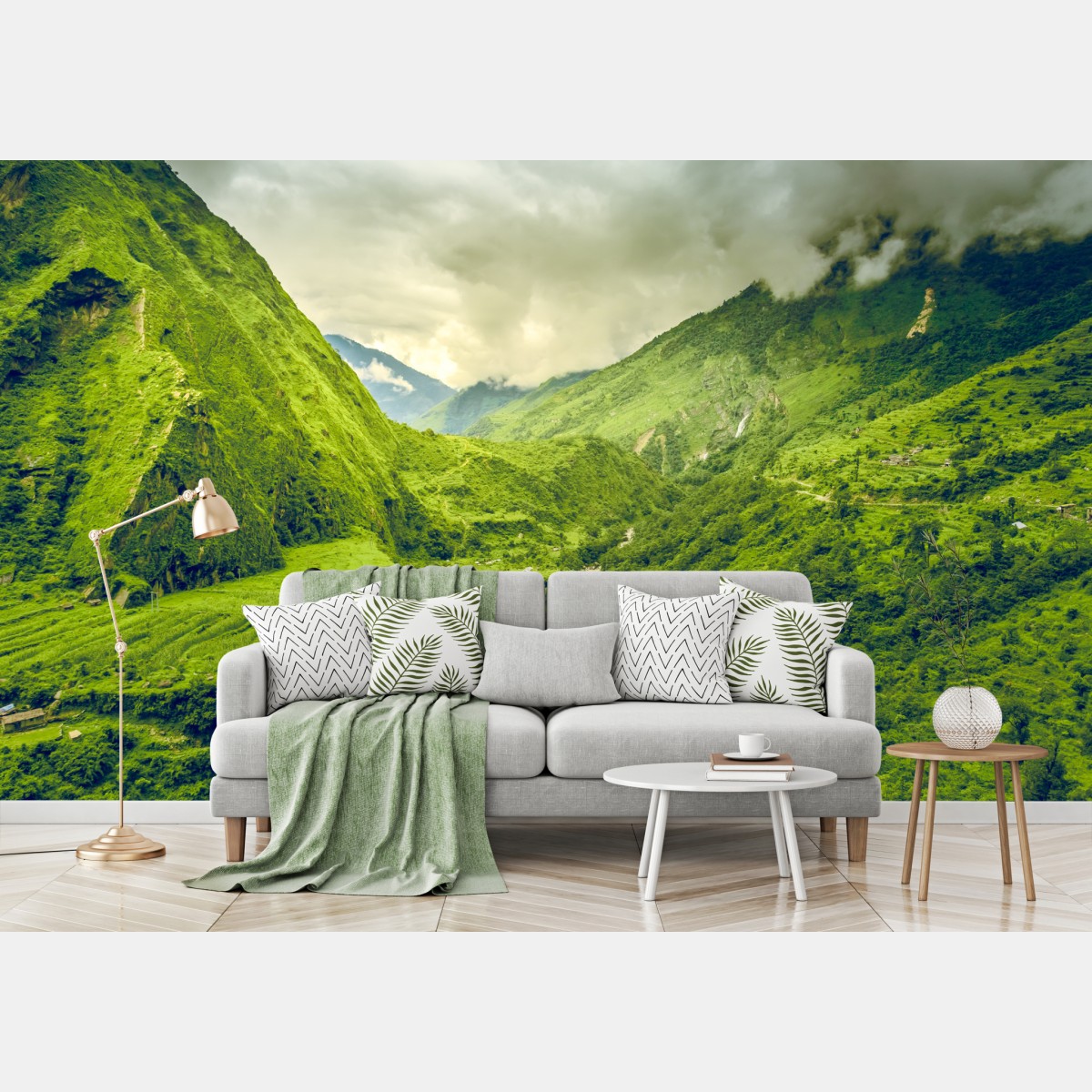 Wall mural lush green mountain valley with river