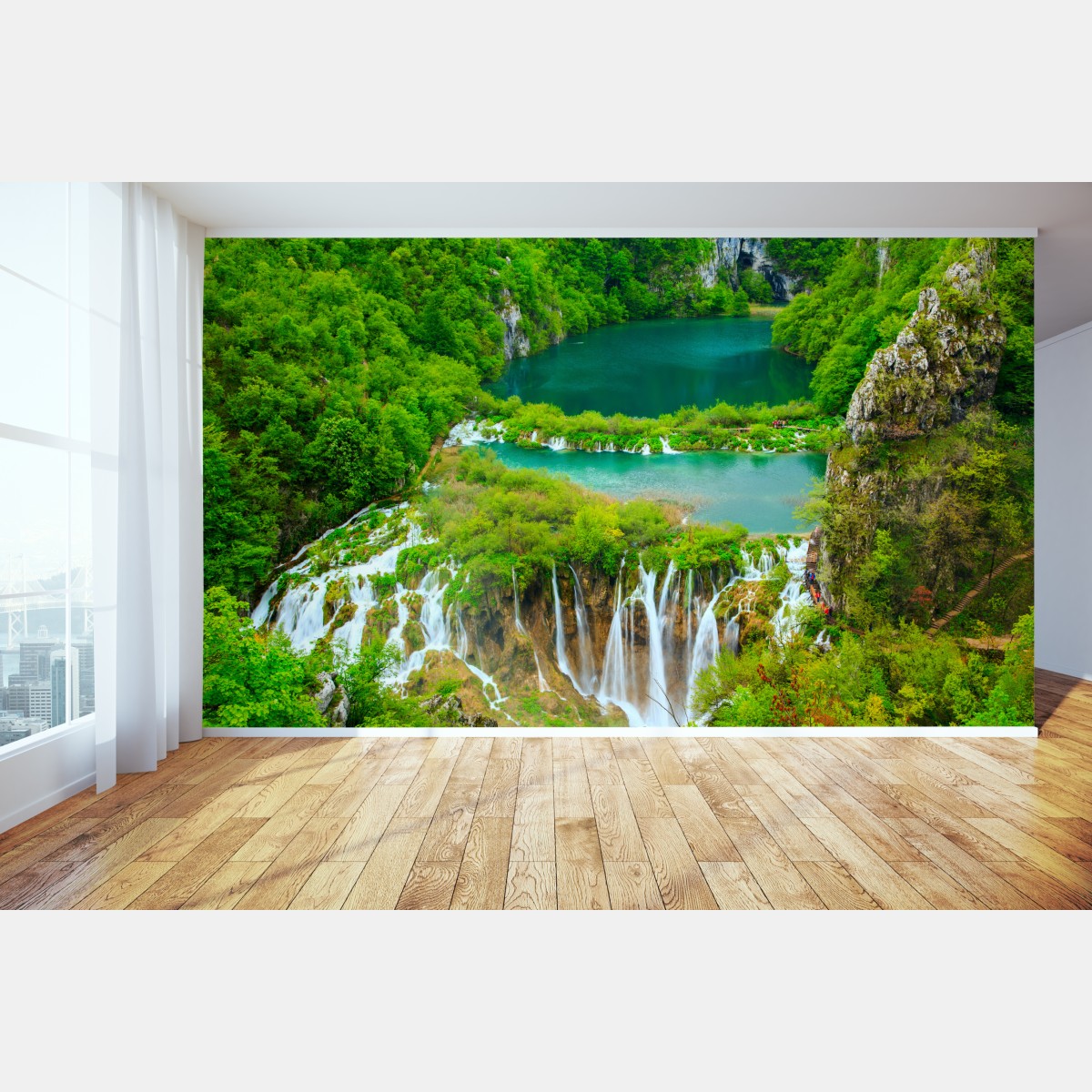 Wall mural lush waterfall and turquoise lakes panorama