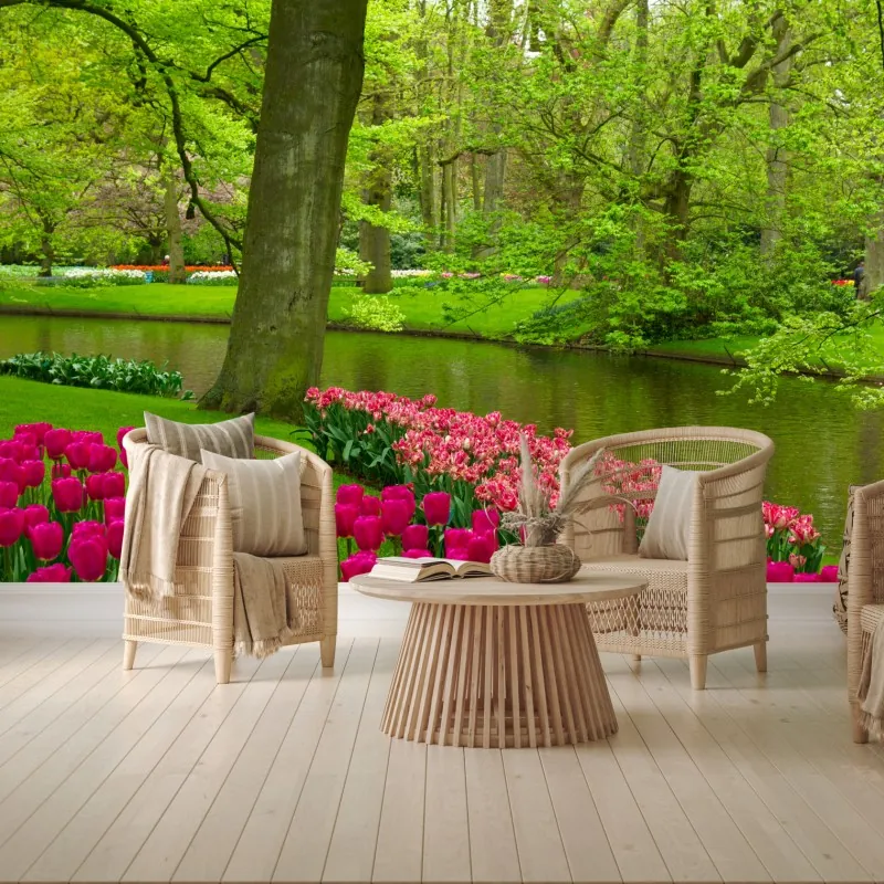 Fototapeta wiosenny ogród tulipanów nad kanałem – Wallissimo® Fototapeta wiosenny ogród tulipanów nad kanałem – Wallissimo®