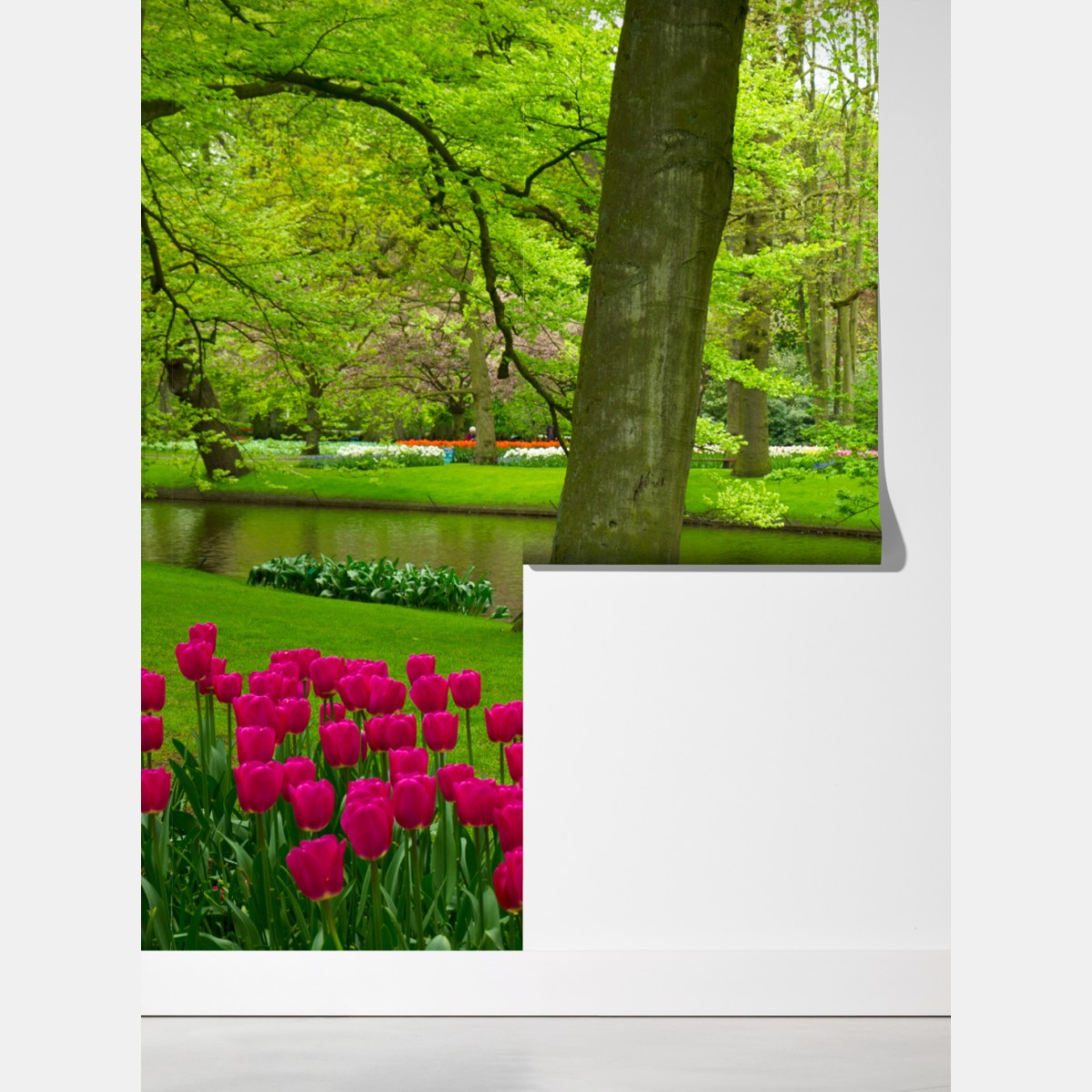 Fototapeta wiosenny ogród tulipanów nad kanałem – Wallissimo® Fototapeta wiosenny ogród tulipanów nad kanałem – Wallissimo®
