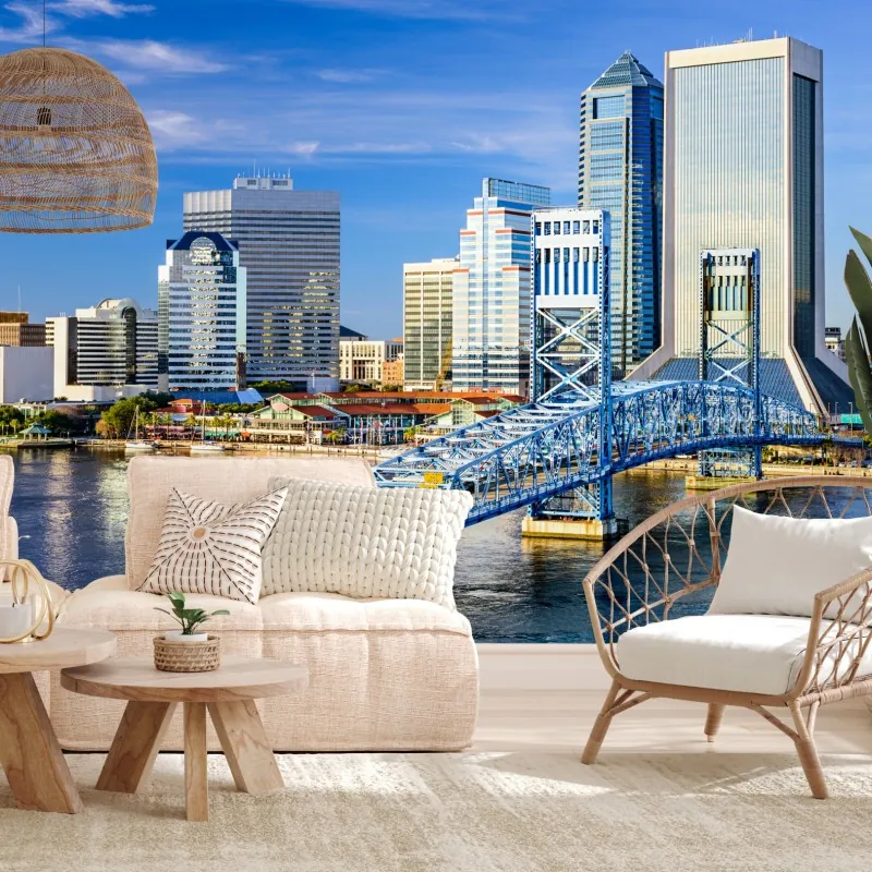 Fototapeta panorama Jacksonville z niebieskim mostem – Wallissimo® Fototapeta panorama Jacksonville z niebieskim mostem – Wallissimo®