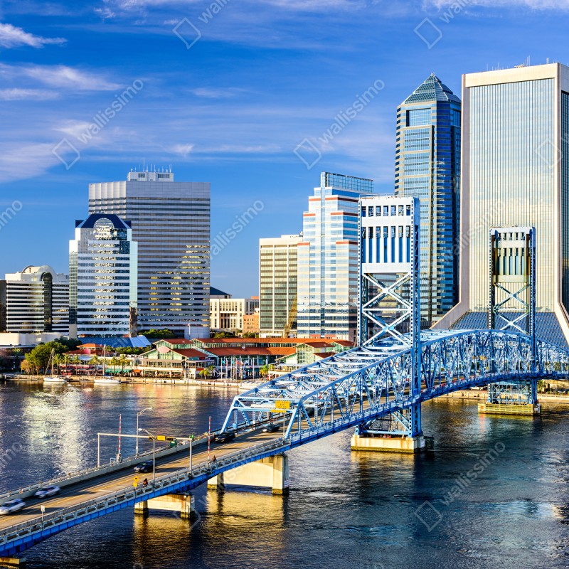 Fototapeta panorama Jacksonville z niebieskim mostem – Wallissimo® Fototapeta panorama Jacksonville z niebieskim mostem – Wallissimo®