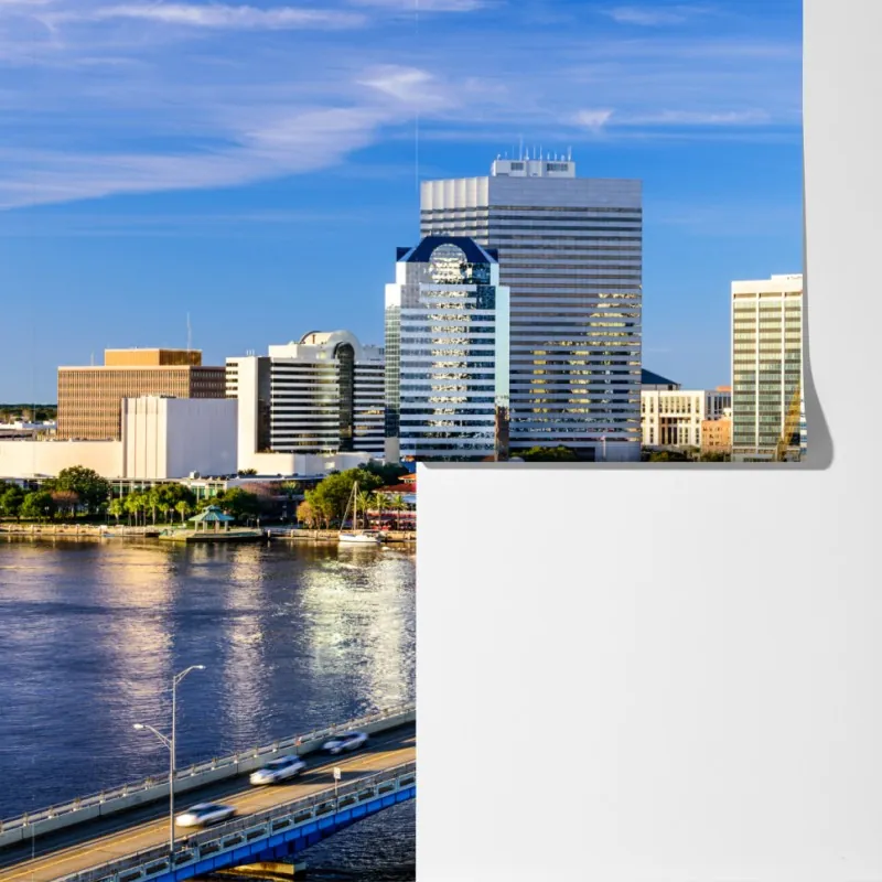 Fototapeta panorama Jacksonville z niebieskim mostem – Wallissimo® Fototapeta panorama Jacksonville z niebieskim mostem – Wallissimo®
