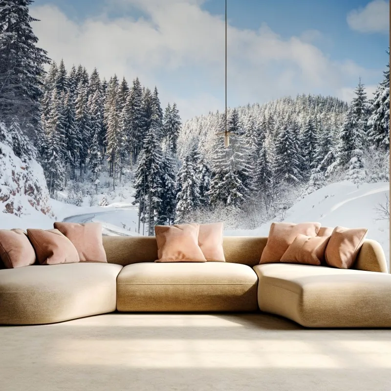 Fototapeta zimowa droga w zaśnieżonym lesie