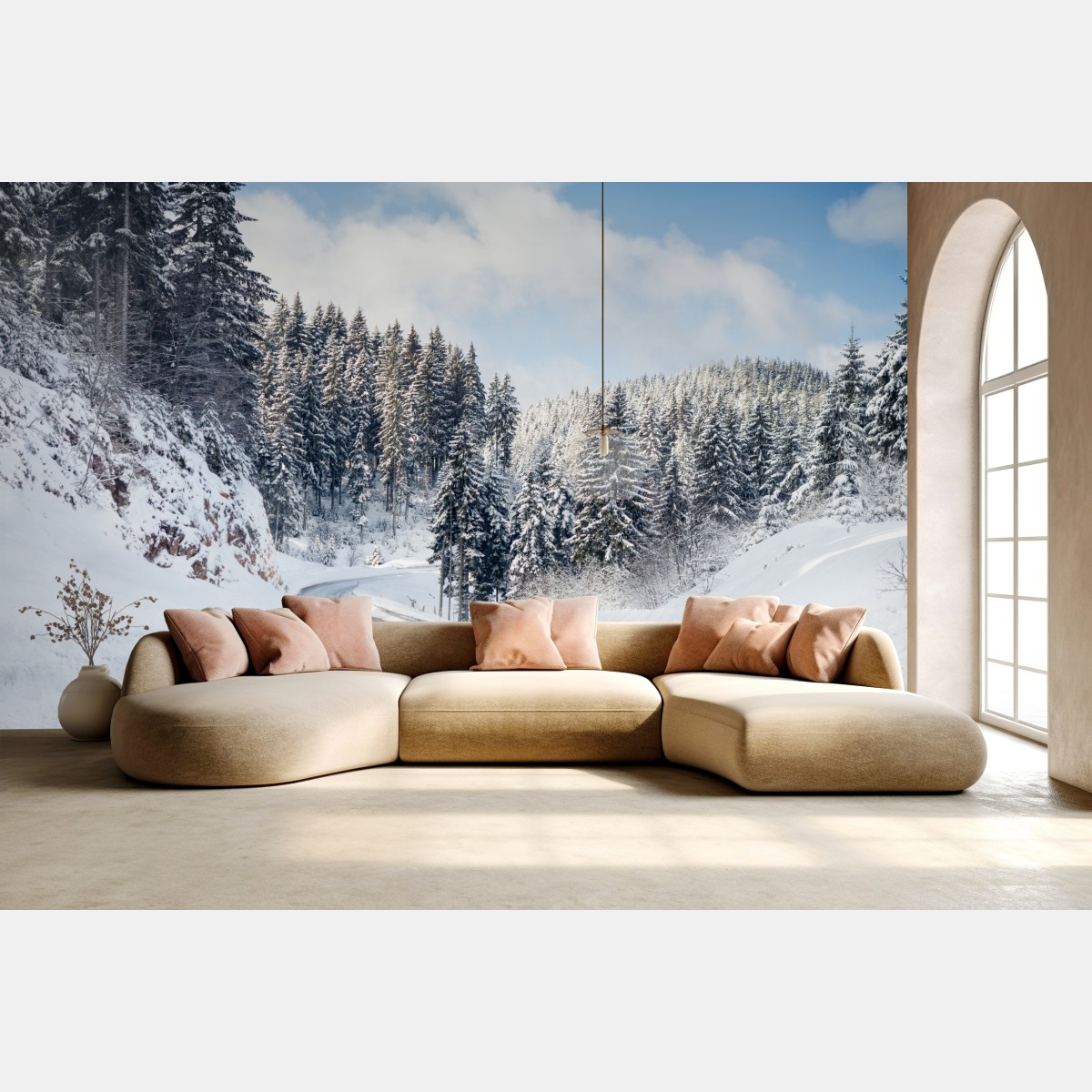 Wall mural winter road through snowy fir forest