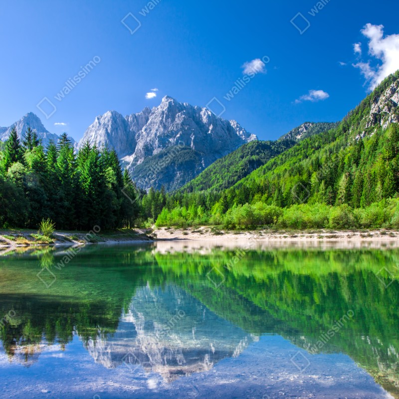 Fototapeta alpejskie jezioro z odbiciem w zielonych górach – Wallissimo® Fototapeta alpejskie jezioro z odbiciem w zielonych górach – Wallissimo®