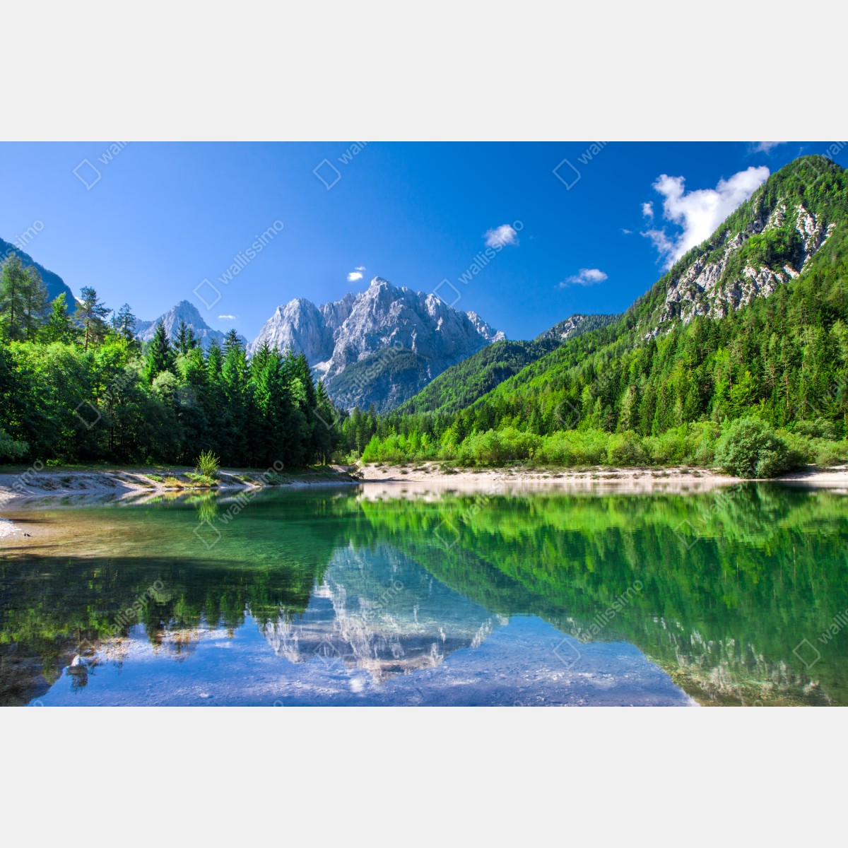 Fototapeta alpejskie jezioro z odbiciem w zielonych górach – Wallissimo® Fototapeta alpejskie jezioro z odbiciem w zielonych górach – Wallissimo®