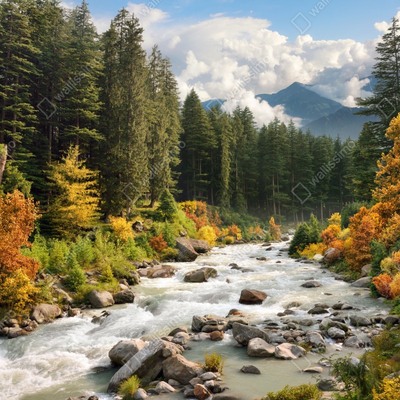 Fototapeta jesienny górski krajobraz z rzeką – Wallissimo® Fototapeta jesienny górski krajobraz z rzeką – Wallissimo®