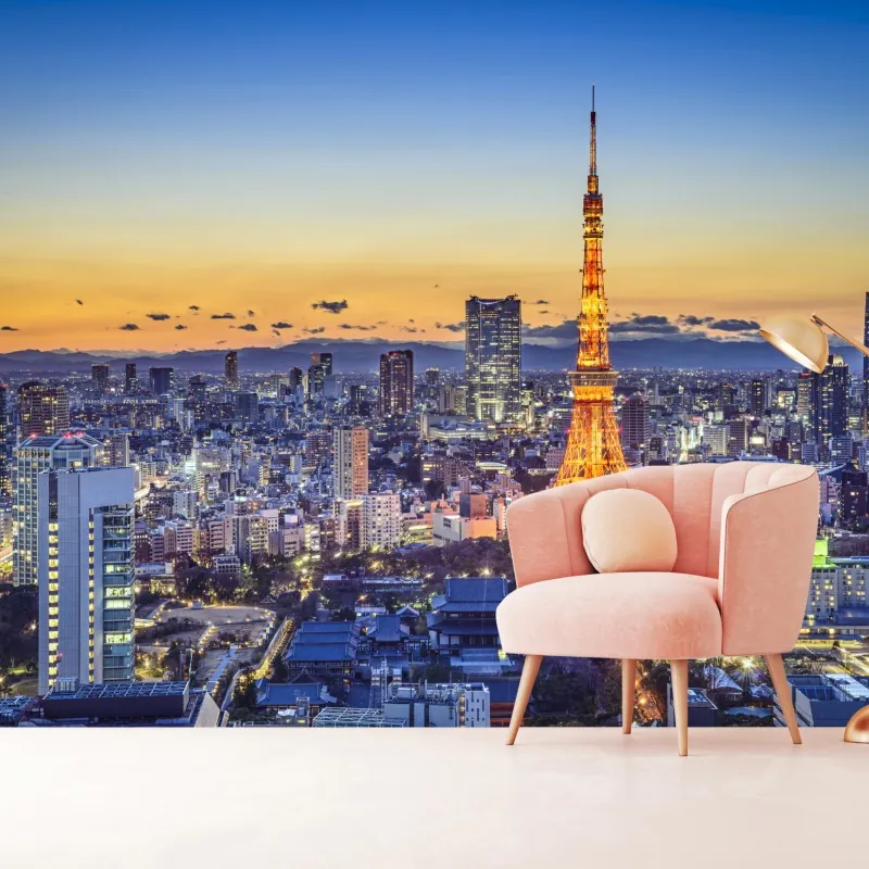 Fototapeta Wieża Tokijska o zmierzchu nad panoramą Tokio – Wallissimo® Fototapeta Wieża Tokijska o zmierzchu nad panoramą Tokio – Wallissimo®