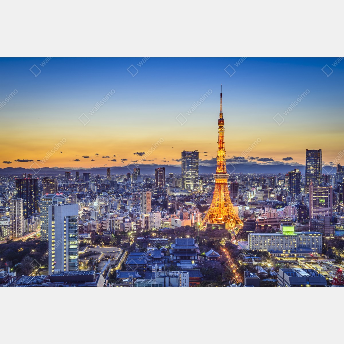 Fototapeta Wieża Tokijska o zmierzchu nad panoramą Tokio – Wallissimo® Fototapeta Wieża Tokijska o zmierzchu nad panoramą Tokio – Wallissimo®