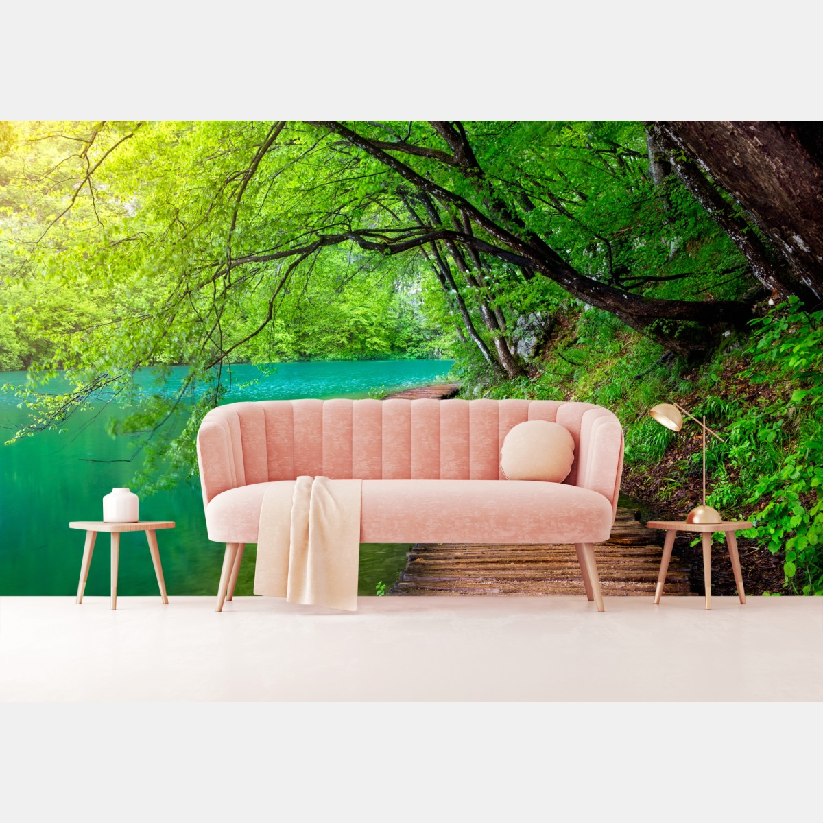 Wall mural serene lakeside wooden walkway through green forest