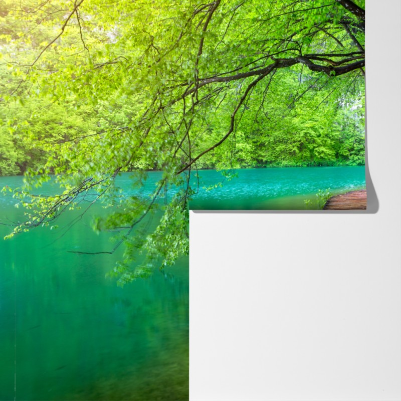 Fototapeta spokojny drewniany pomost nad jeziorem w zielonym lesie – Wallissimo® Fototapeta spokojny drewniany pomost nad jeziorem w zielonym lesie – Wallissimo®