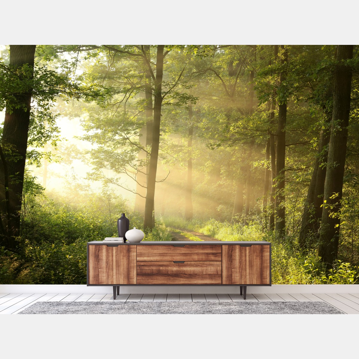 Wall mural morning light in a sunlit forest