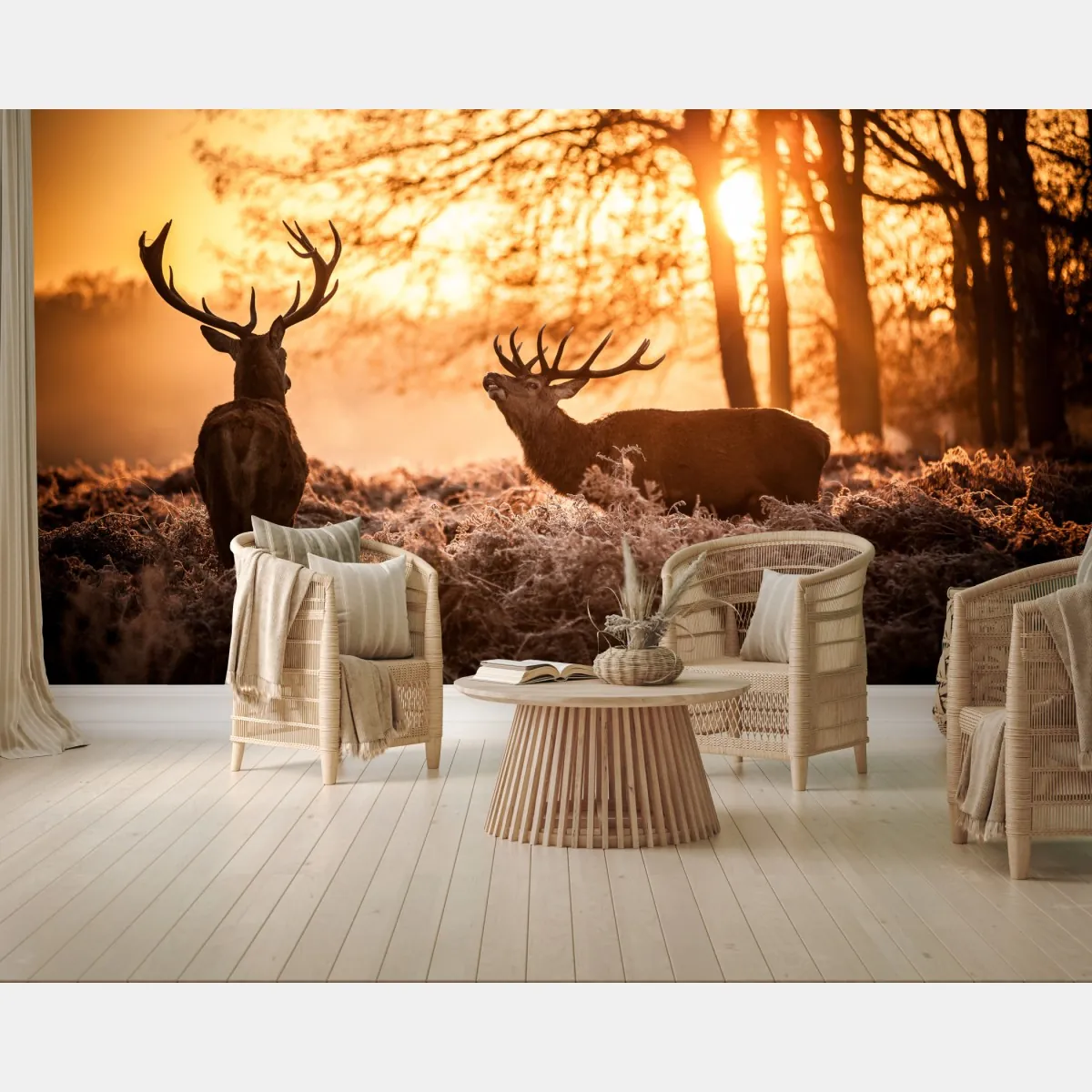 Fototapeta złocisty wschód słońca z jeleniami na mroźnej łące – Wallissimo® Fototapeta złocisty wschód słońca z jeleniami na mroźnej łące – Wallissimo®