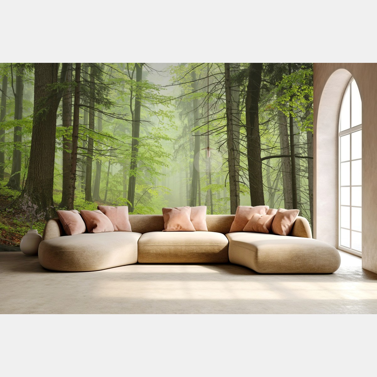 Wall mural misty green forest trail