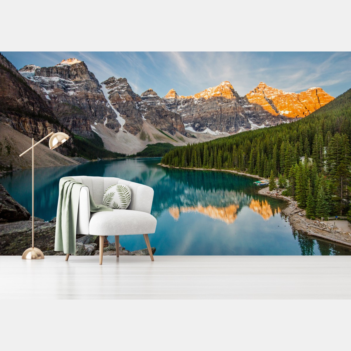 Wall mural sunlit alpine lake reflection