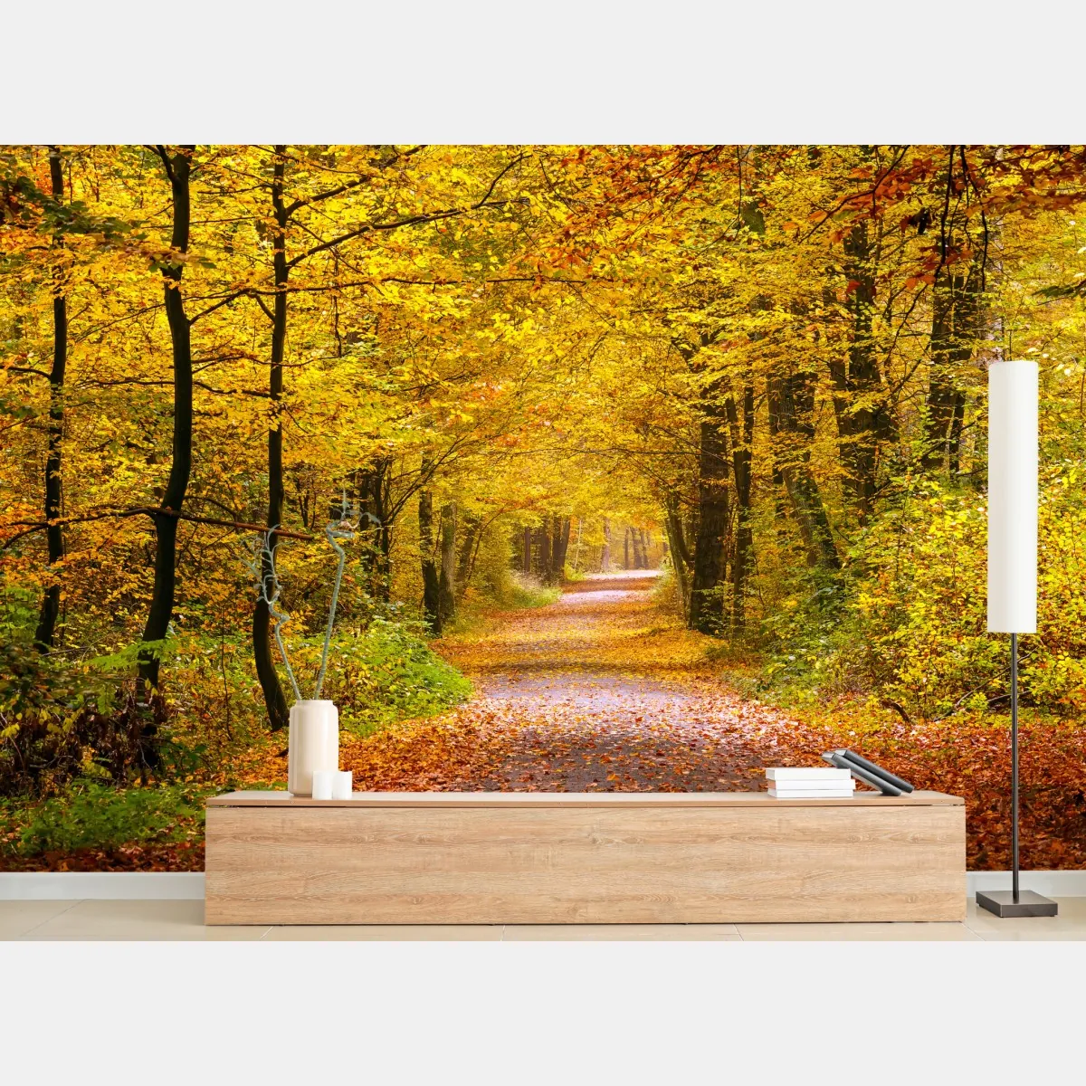 Fototapeta złota jesienna ścieżka w lesie – Wallissimo® Fototapeta złota jesienna ścieżka w lesie – Wallissimo®