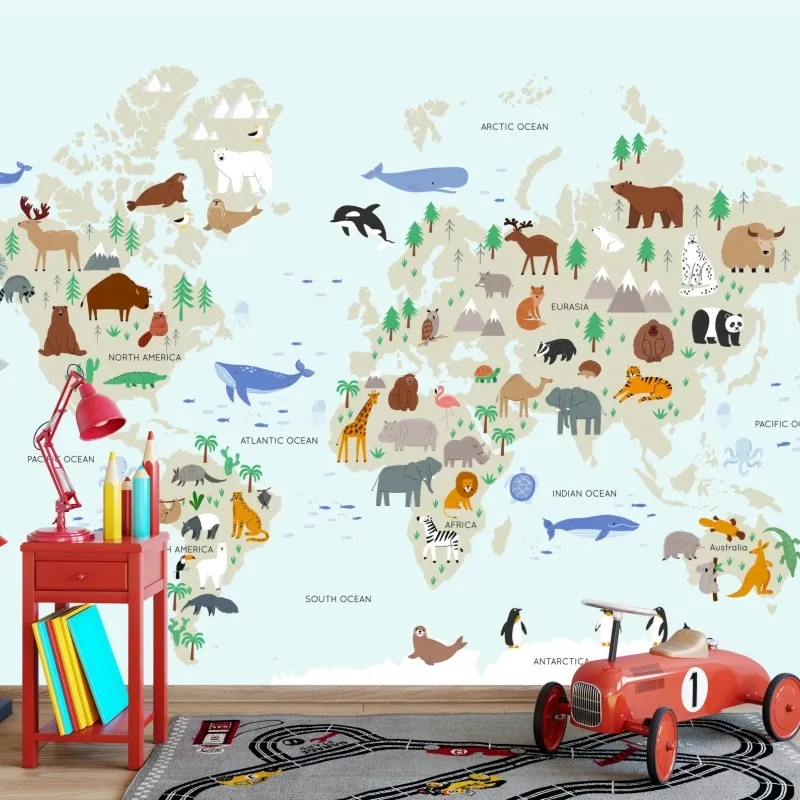 Fototapeta mapa świata ze zwierzętami dla dzieci – Wallissimo® Fototapeta mapa świata ze zwierzętami dla dzieci – Wallissimo®