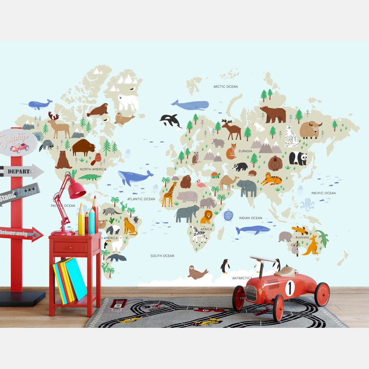 Wall mural animal world map for kids