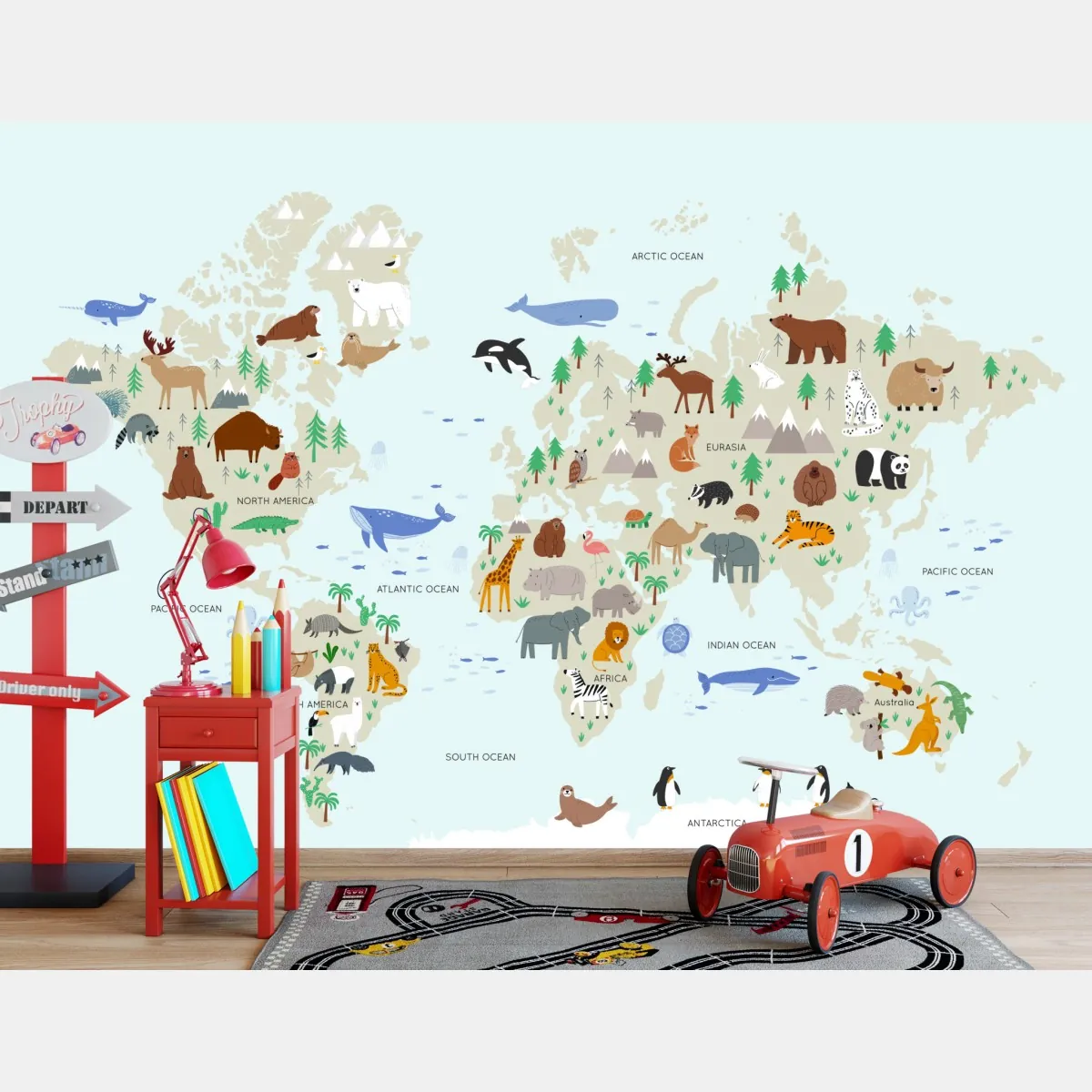 Fototapeta mapa świata ze zwierzętami dla dzieci – Wallissimo® Fototapeta mapa świata ze zwierzętami dla dzieci – Wallissimo®