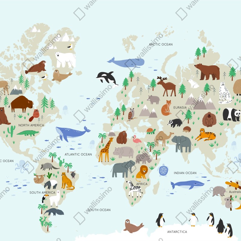 Fototapeta mapa świata ze zwierzętami dla dzieci – Wallissimo® Fototapeta mapa świata ze zwierzętami dla dzieci – Wallissimo®