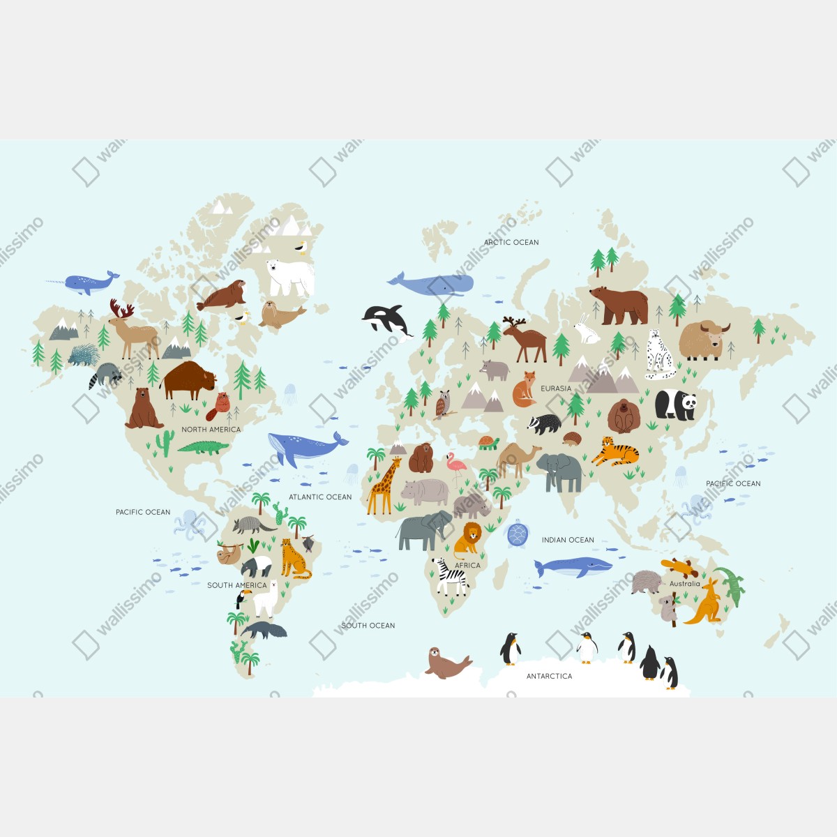 Fototapeta mapa świata ze zwierzętami dla dzieci – Wallissimo® Fototapeta mapa świata ze zwierzętami dla dzieci – Wallissimo®